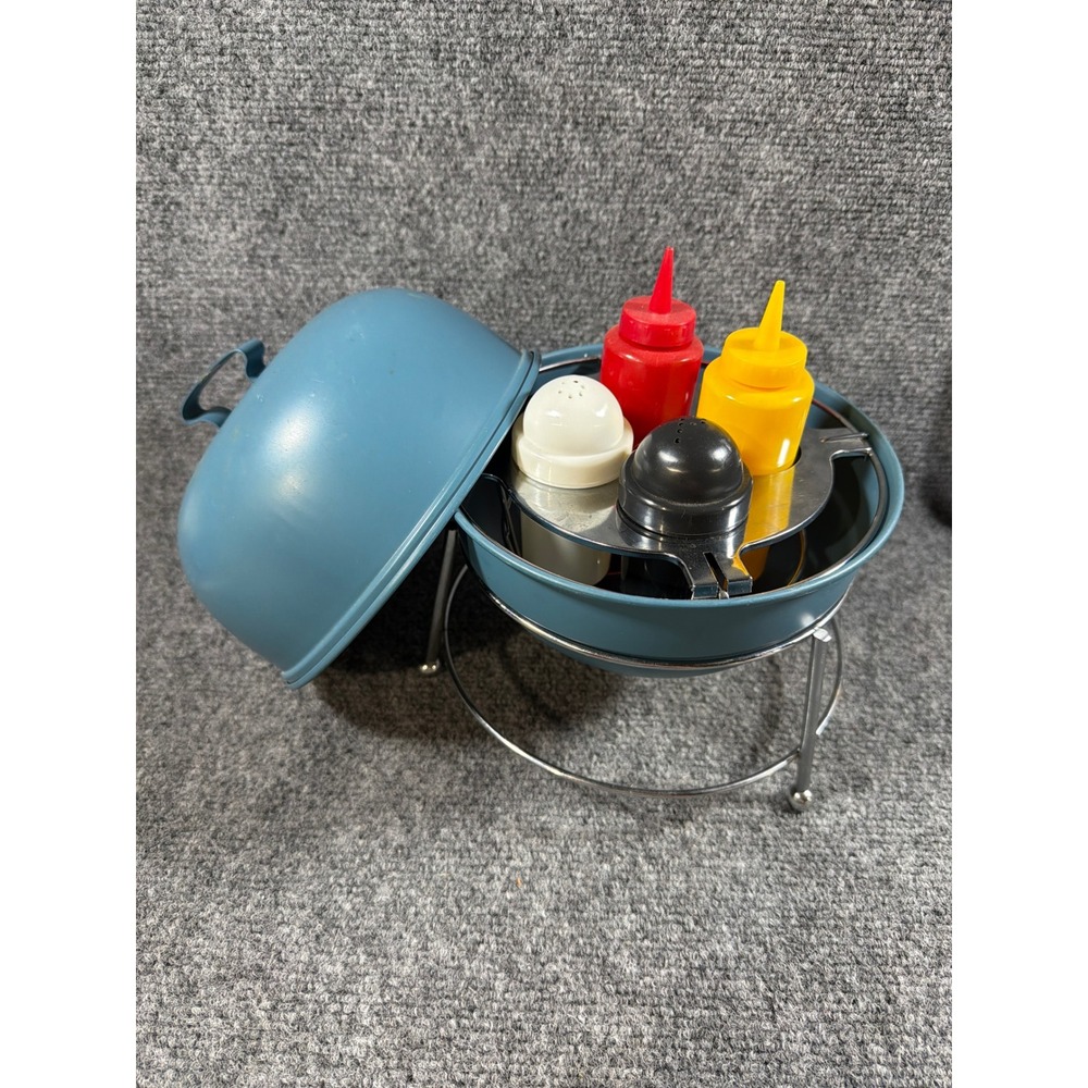 Vintage Blue Kettle Grill Condiment Set Salt Pepper Shakers Ketchup Mustard 8in